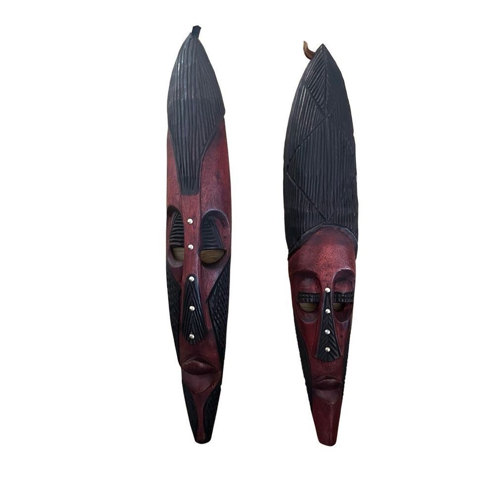 Kenyan African Face Masks with Grommets His and Hers Brown/Black Wood Carved Han